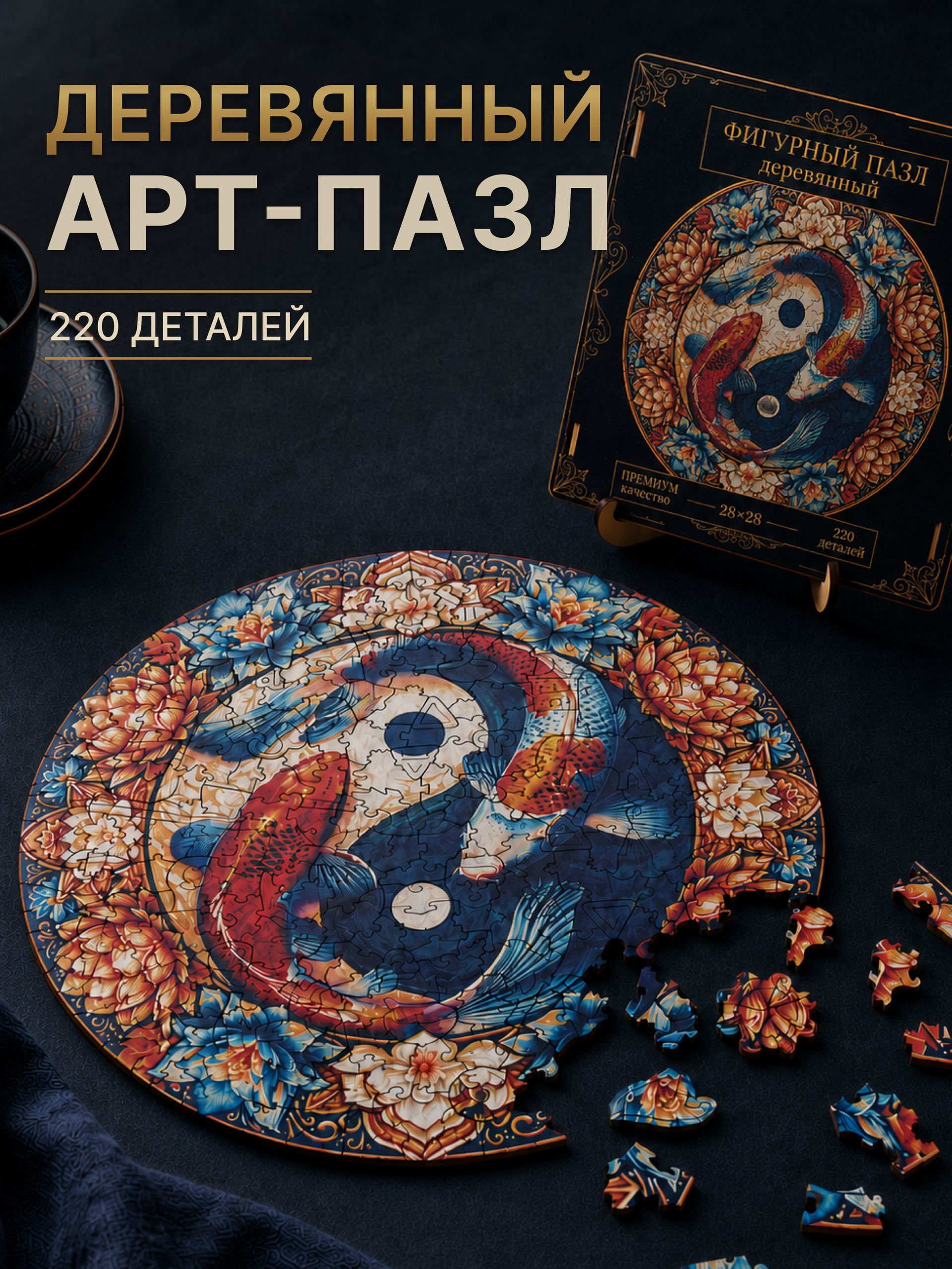 Фигурный деревянный пазл мандала "Карпы кои", 220 деталей