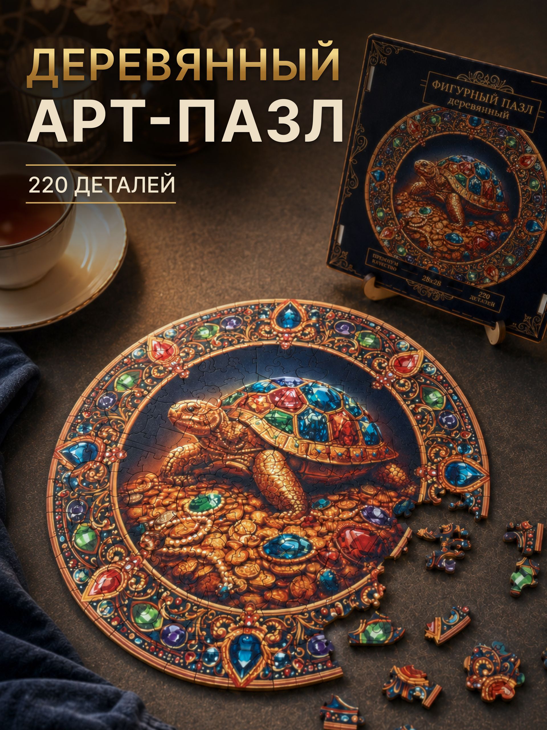 Фигурный деревянный пазл мандала "Черепаха", 220 деталей